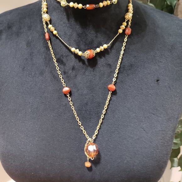 Unbranded Jewelry - Women Fashion Triple Layer Beaded Charm Pendant Necklace with Lobster Clasp